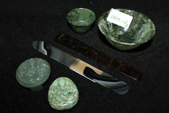 Green jade belt buckle and other hardstone carvings